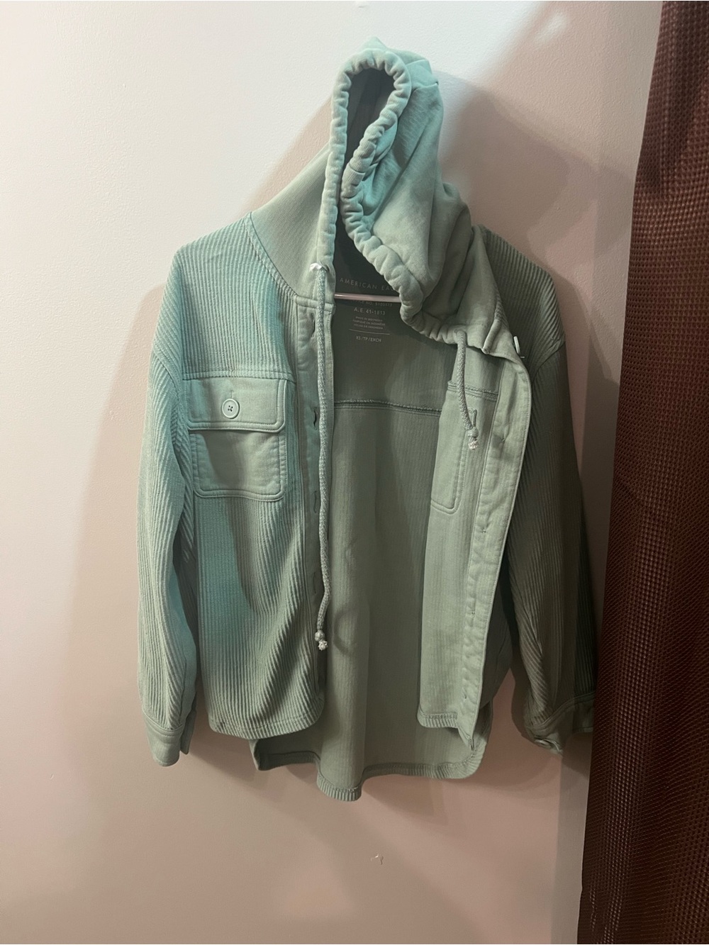 American Eagle Outfitters Mint Green Hooded Corduroy Shirt Jacket